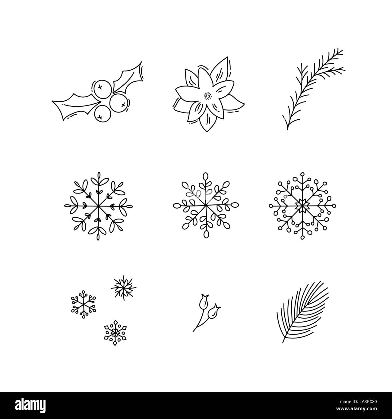Natale vacanze monolinea decorazione set di icone con il vischio, prua, i fiocchi di neve. Gli elementi isolati illustrazione vettoriale Illustrazione Vettoriale