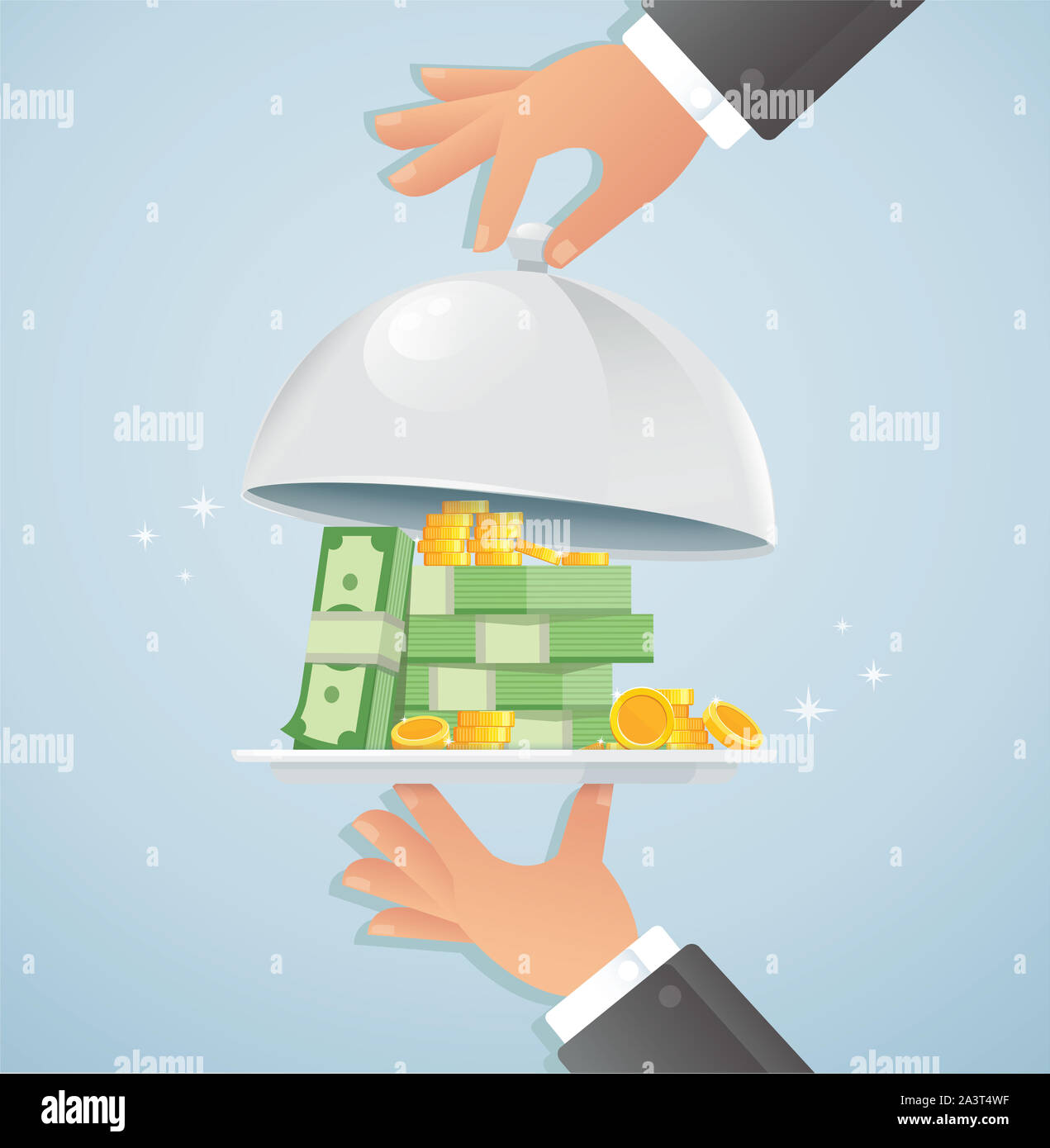 Mani argento cloche con denaro Foto Stock