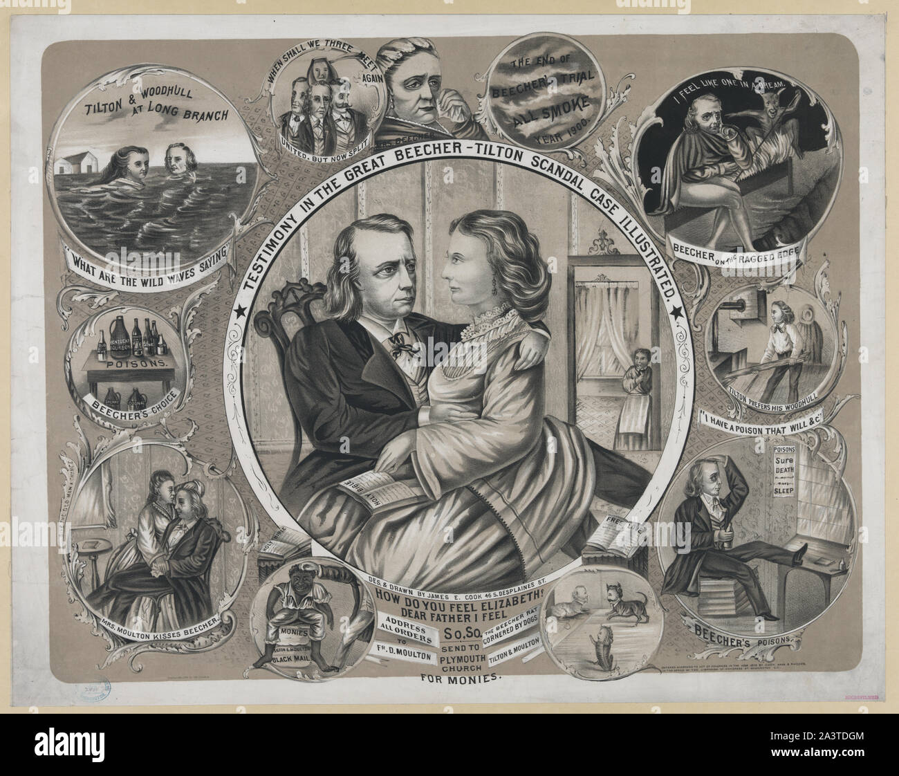 La testimonianza del grande scandalo Beecher-Tilton caso illustrato / des. & Disegnati da James E. cuocere 46 Desplaines San Lith commerciale. Co. 180 Clark San Foto Stock