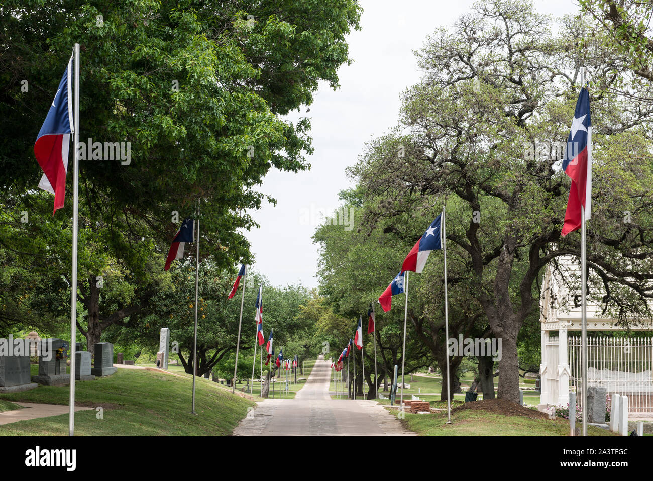 Texas flag di stato linea un percorso attraverso il Texas State cimitero di Austin in Texas Foto Stock