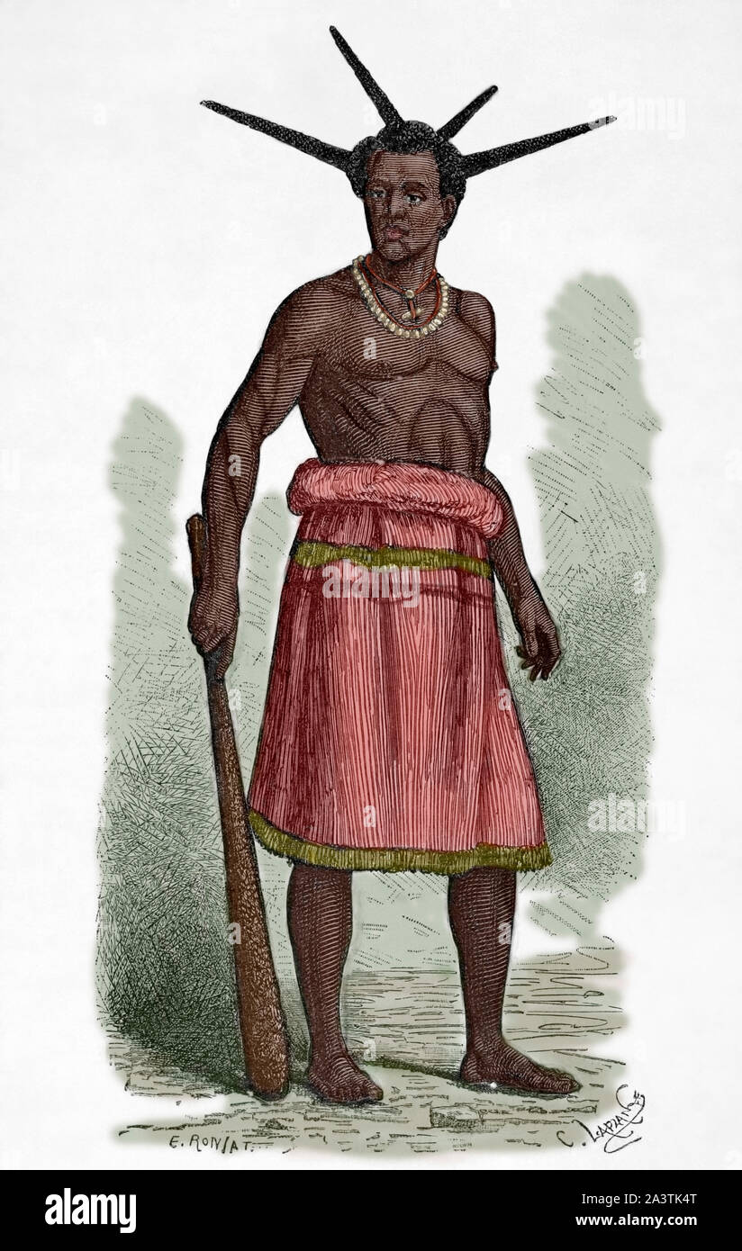 Africa centrale. Rua indigeni che visiti Ujiji territorio. Disegno di Etienne Ronjat (1822-1912). Incisione di Charles Laplante ha (1837-1903). Africa inexplorada, el Continente Misterioso da Henry Morton Stanley, c. 1887. Colorazione successiva. Foto Stock