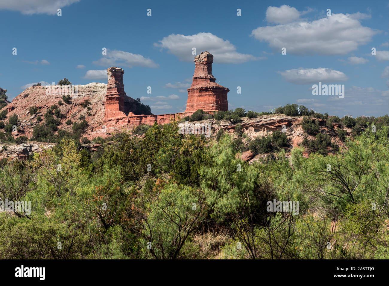 Il faro e la formazione di firma a Palo Duro Canyon State Park nella contea di Armstrong nel Texas Panhandle Foto Stock