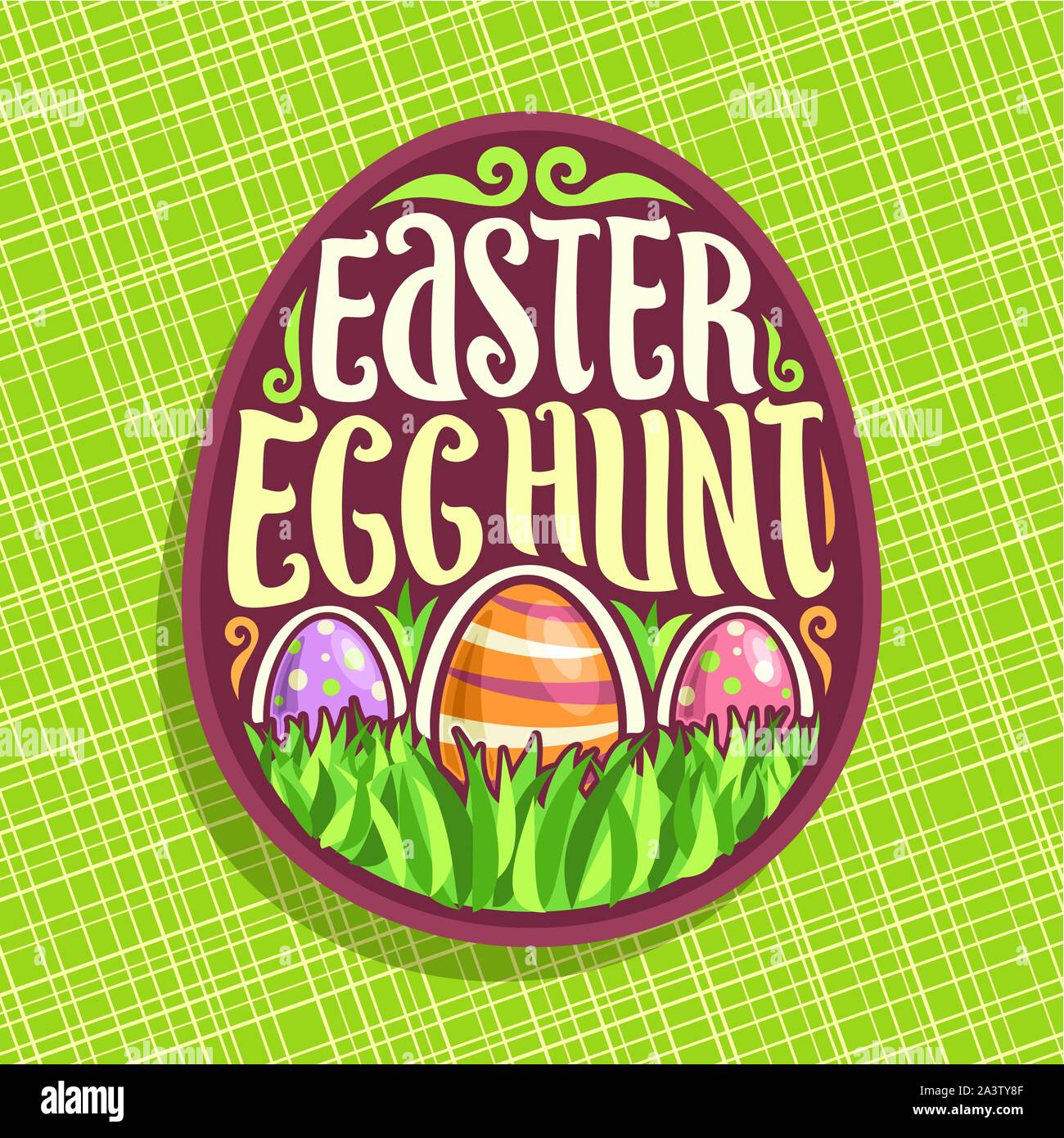 Il logo del vettore per vacanze di Pasqua, manoscritta originale carattere tipografico spazzola per il testo del titolo easter egg hunt, 3 verniciato colorato le uova sulla molla verde erba, lab Illustrazione Vettoriale