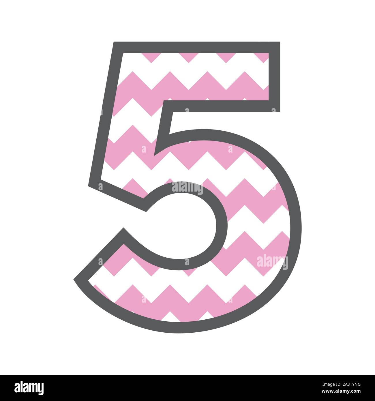 5 Cinque Chevron numero w colorata di rosa e bianchi e contorno grigio Illustrazione Vettoriale