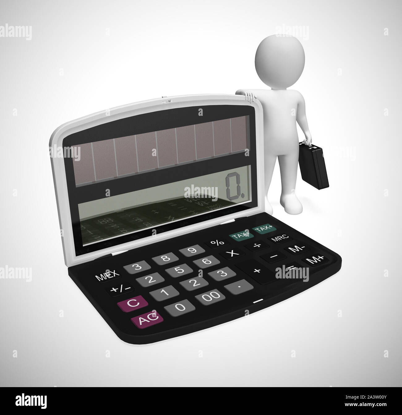 Calcolatrice business con imprenditore raffigura analisi delle condizioni economiche. Elaborazione dei dati per trovare il risparmio e reddito - 3d illustrazione Foto Stock