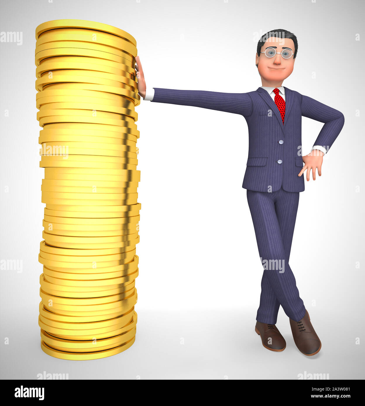 Imprenditore monete d oro pila mostra grandi profitti aziendali. La ricchezza e la prosperità per il pensionamento - 3d illustrazione Foto Stock
