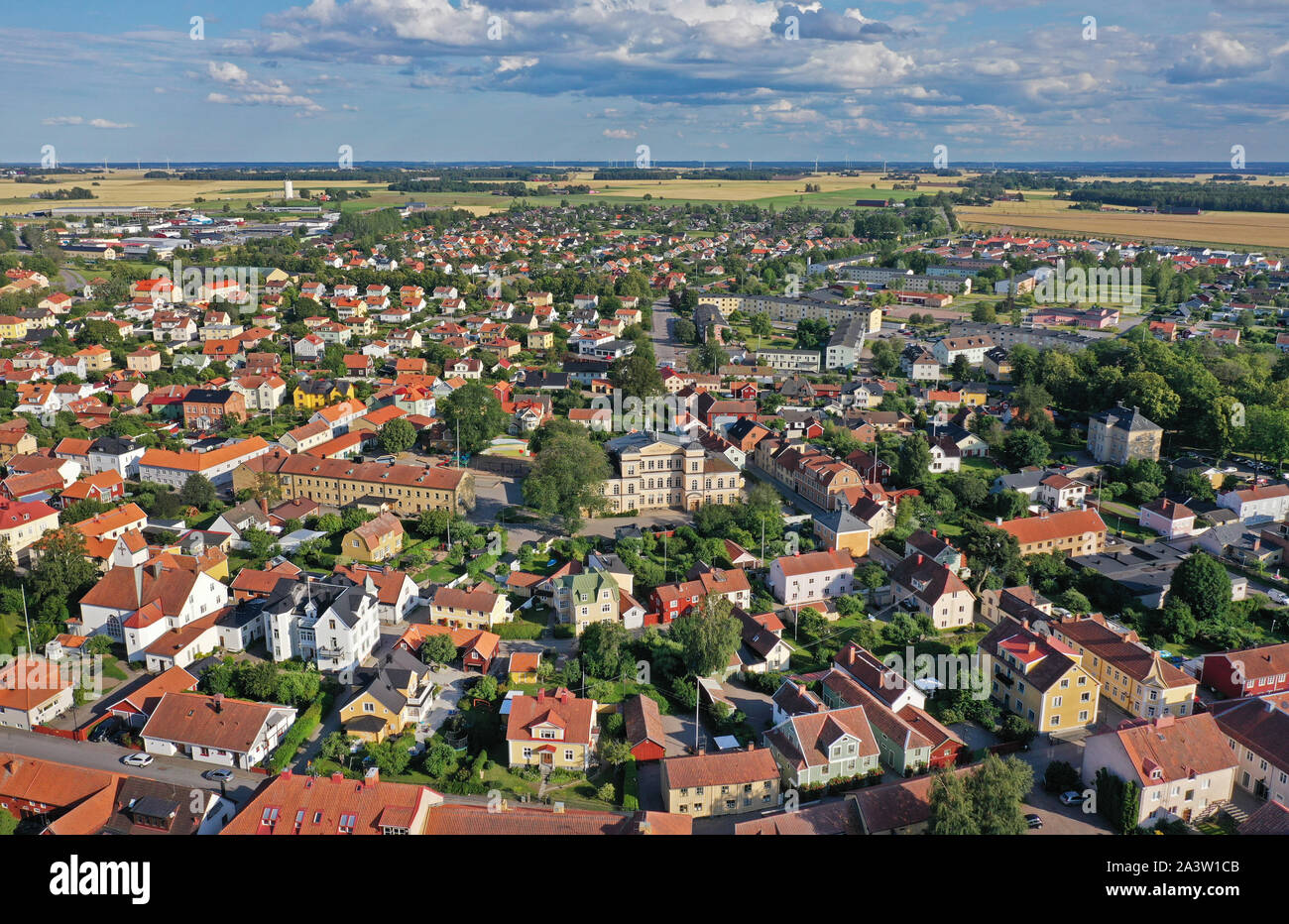 VADSTENA 20190719Drönarbild över Vadstena. Drone foto di Vadstena. Foto Jeppe Gustafsson Foto Stock