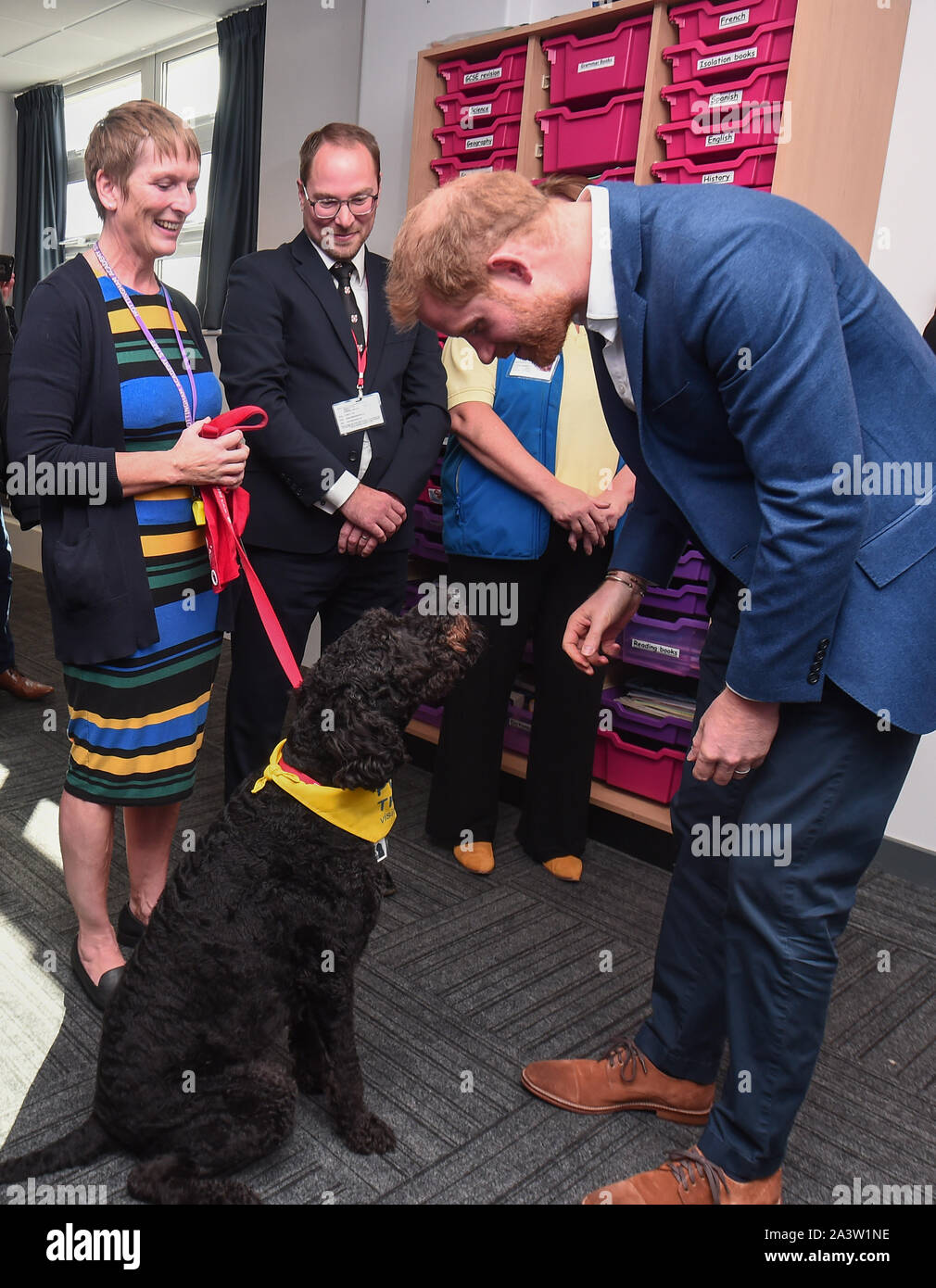 Il Duca di Sussex incontra Barney la terapia cane durante una visita a Nottingham Academy durante la sua visita a segnare giornata mondiale della salute mentale. Foto Stock