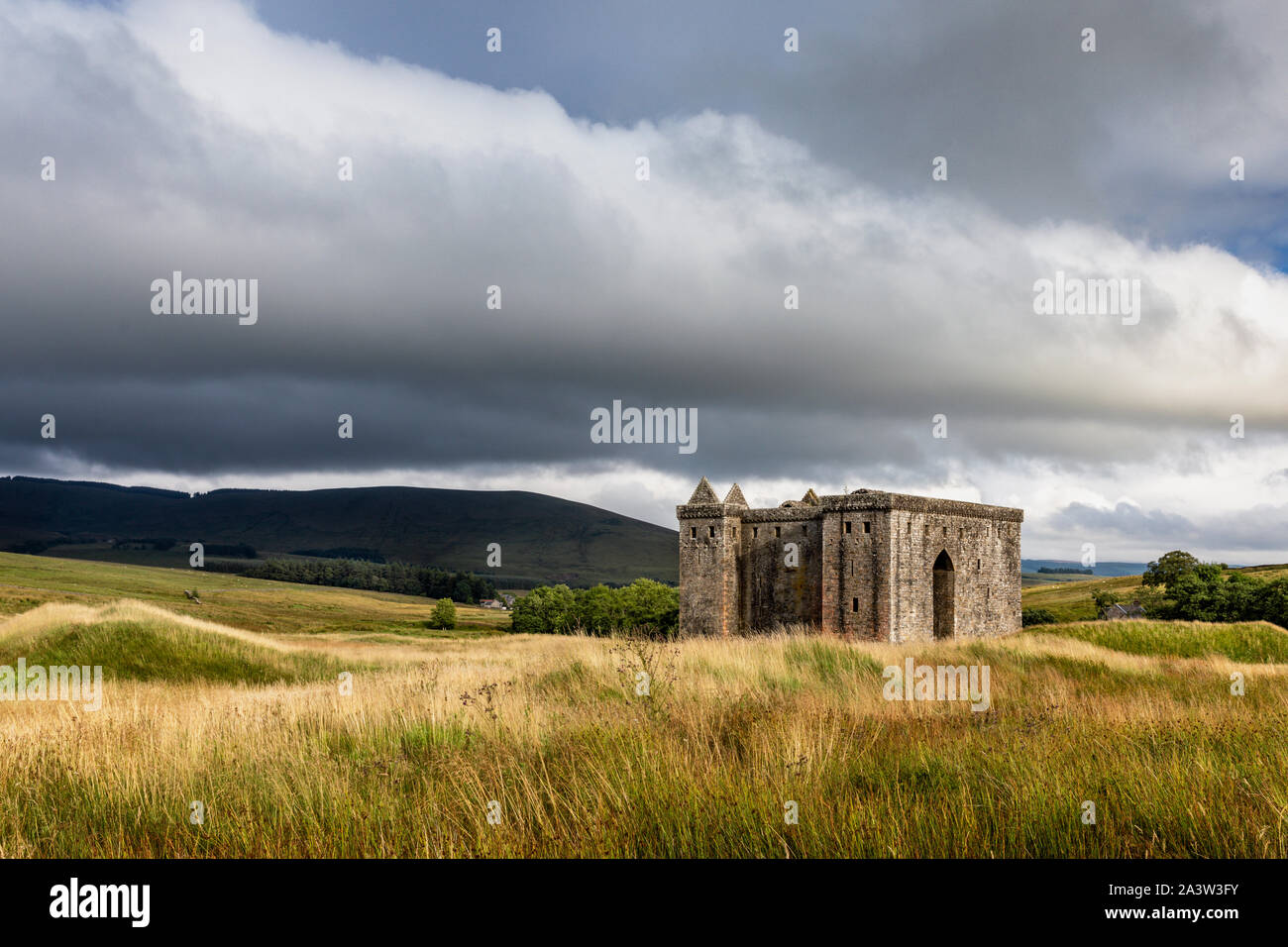 Il castello di Hermitage è un semi-castello in rovina in confini Scozzesi, e ha una reputazione come uno dei più sinistre e a pressione atmosferica in Scozia. Foto Stock