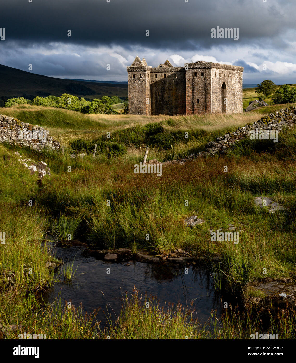 Il castello di Hermitage è un semi-castello in rovina in confini Scozzesi, e ha una reputazione come uno dei più sinistre e a pressione atmosferica in Scozia. Foto Stock