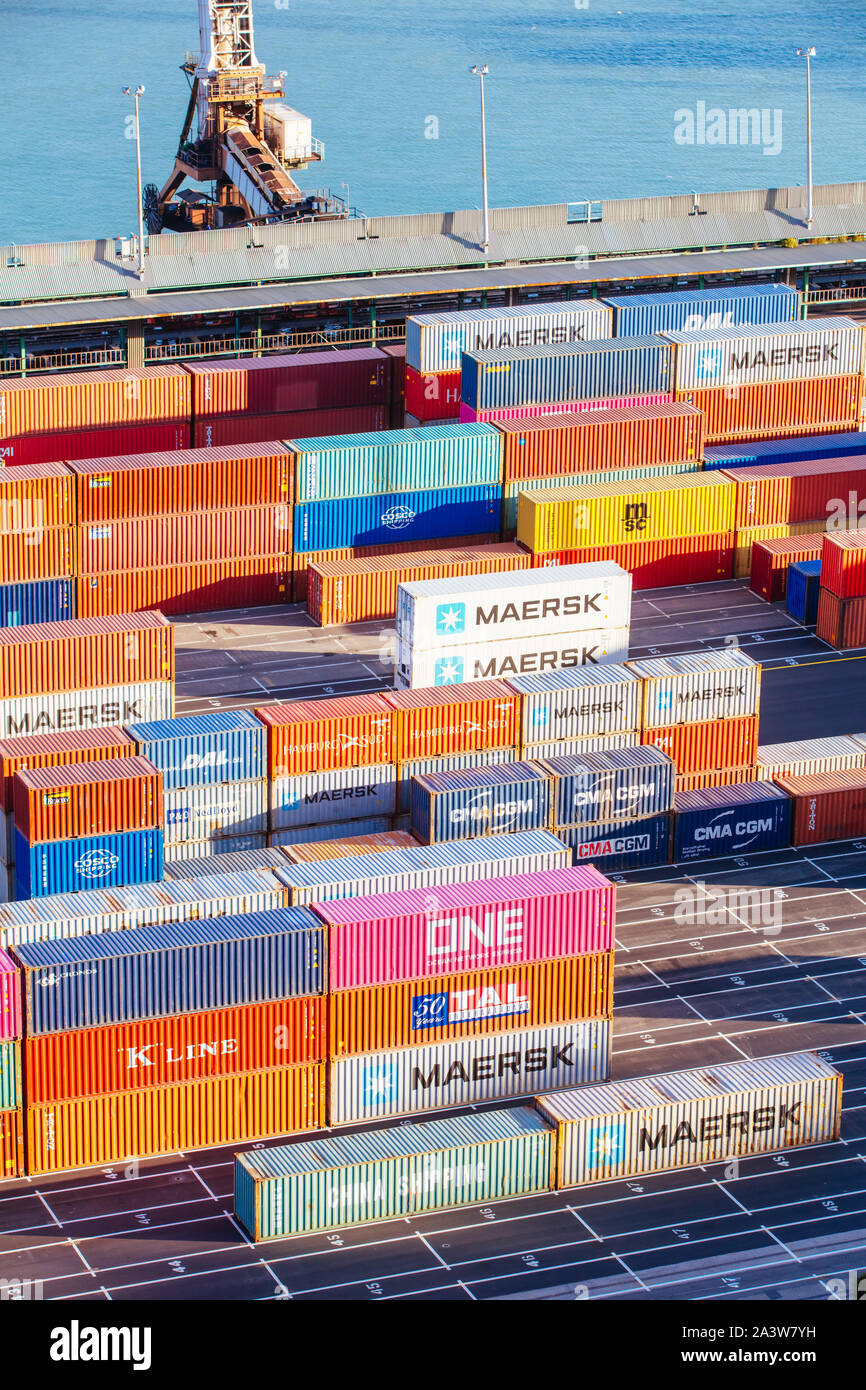 Lyttleton, Nuova Zelanda - 18 Settembre 2019: trafficato porto di spedizione per Christchurch in Lyttleton Nuova Zelanda Foto Stock