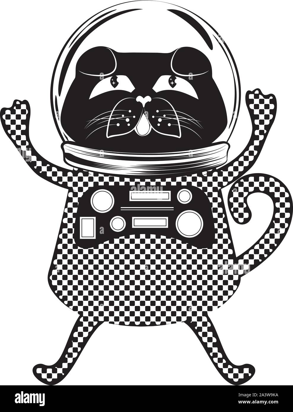 Carino chiedendo gatto nero indossando spaceman tuta. Illustrazione Vettoriale
