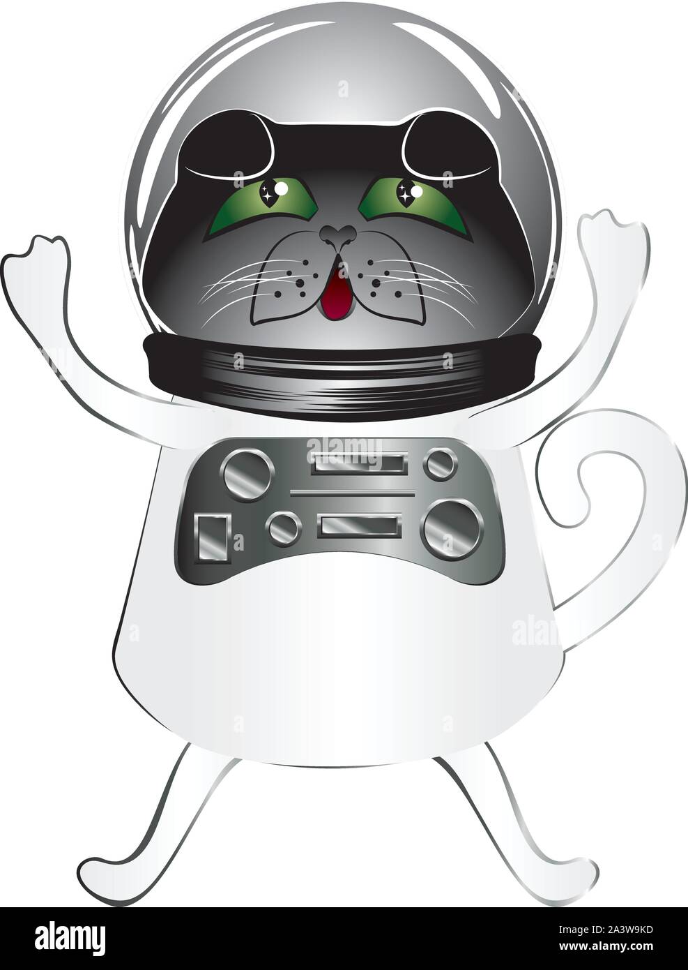 Carino chiedendo gatto nero indossando spaceman tuta. Illustrazione Vettoriale