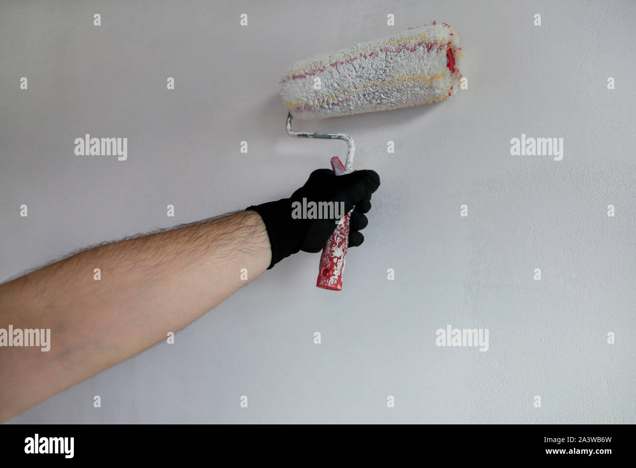 Operaio edile finitura facendo lavori di rinnovo nell'appartamento. Pittore professionista contraente utilizzando vernice bianca spazzola a rullo pittura del muro di cemento. Foto Stock