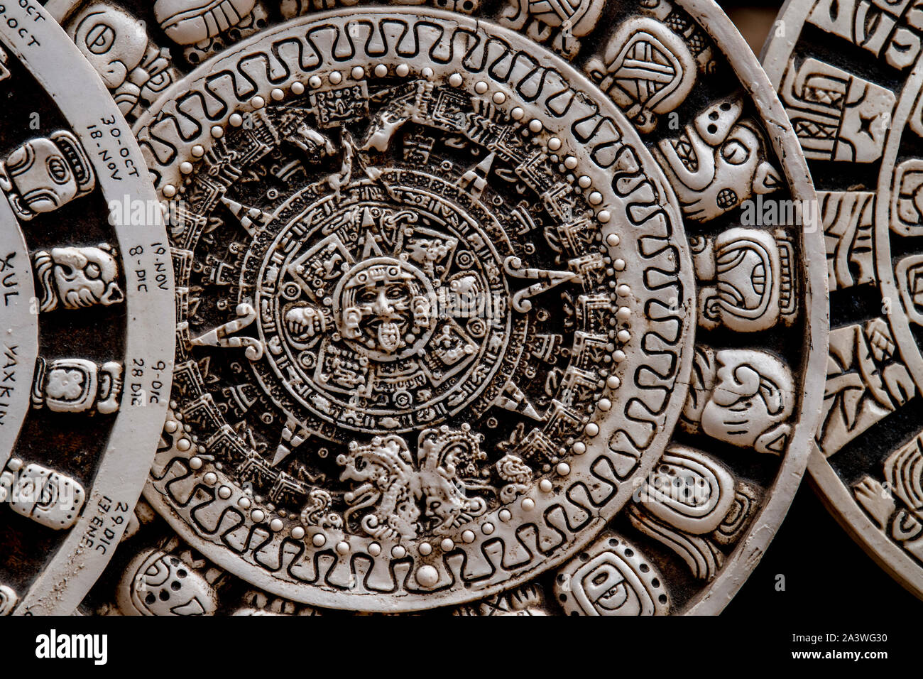 Maya Messicana azteca pietra calendario close up Foto Stock