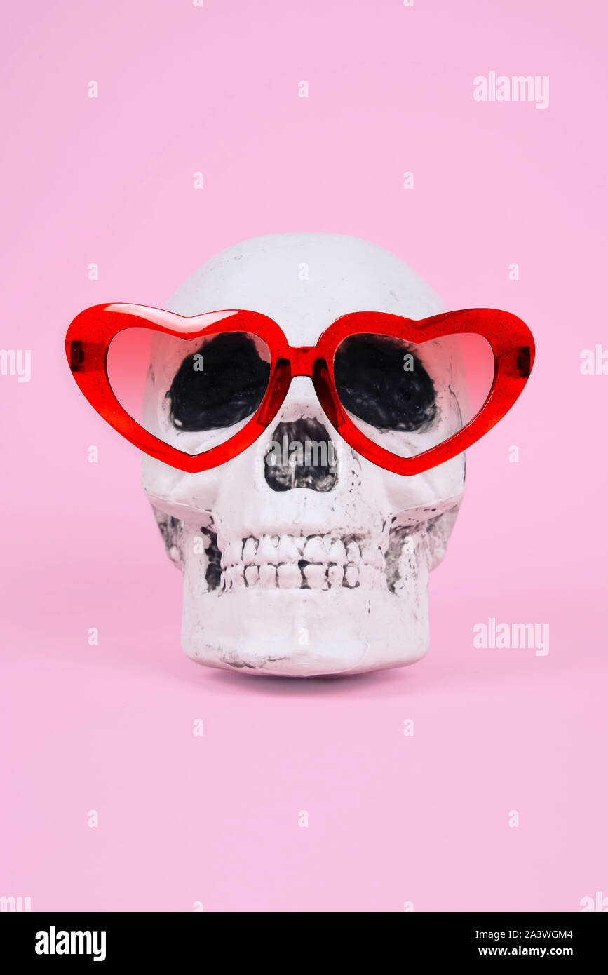 Teschio sul trendy rosa pastello sfondo. Foto Stock