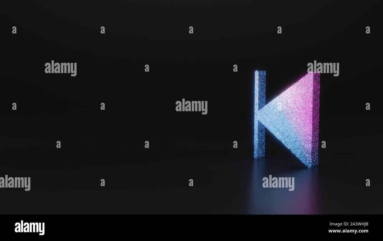 Glitter neon rosa violetto ombre simbolo di arresto posteriore sinistro con linea sottile 3D rendering su sfondo nero con riflessione sfocata con bagliori Foto Stock