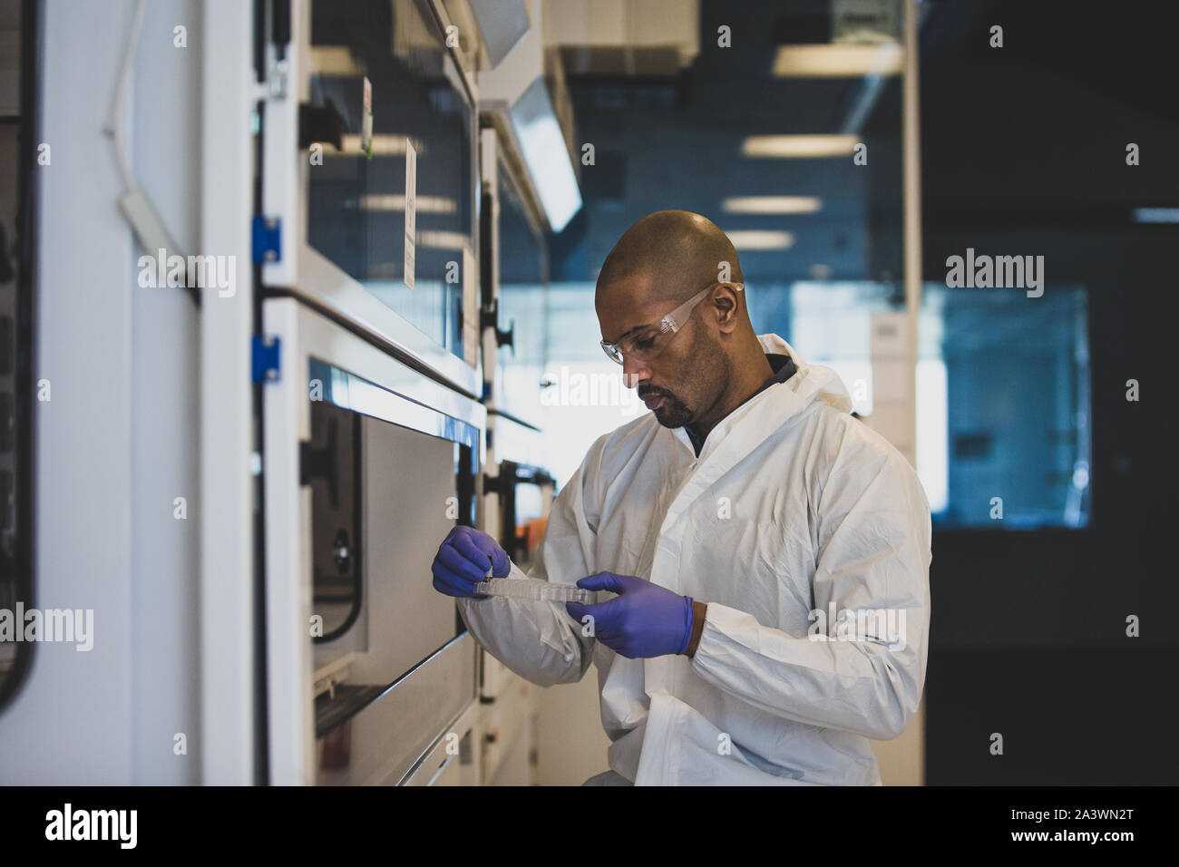 African American scientist guardando il campione in un laboratorio Foto Stock