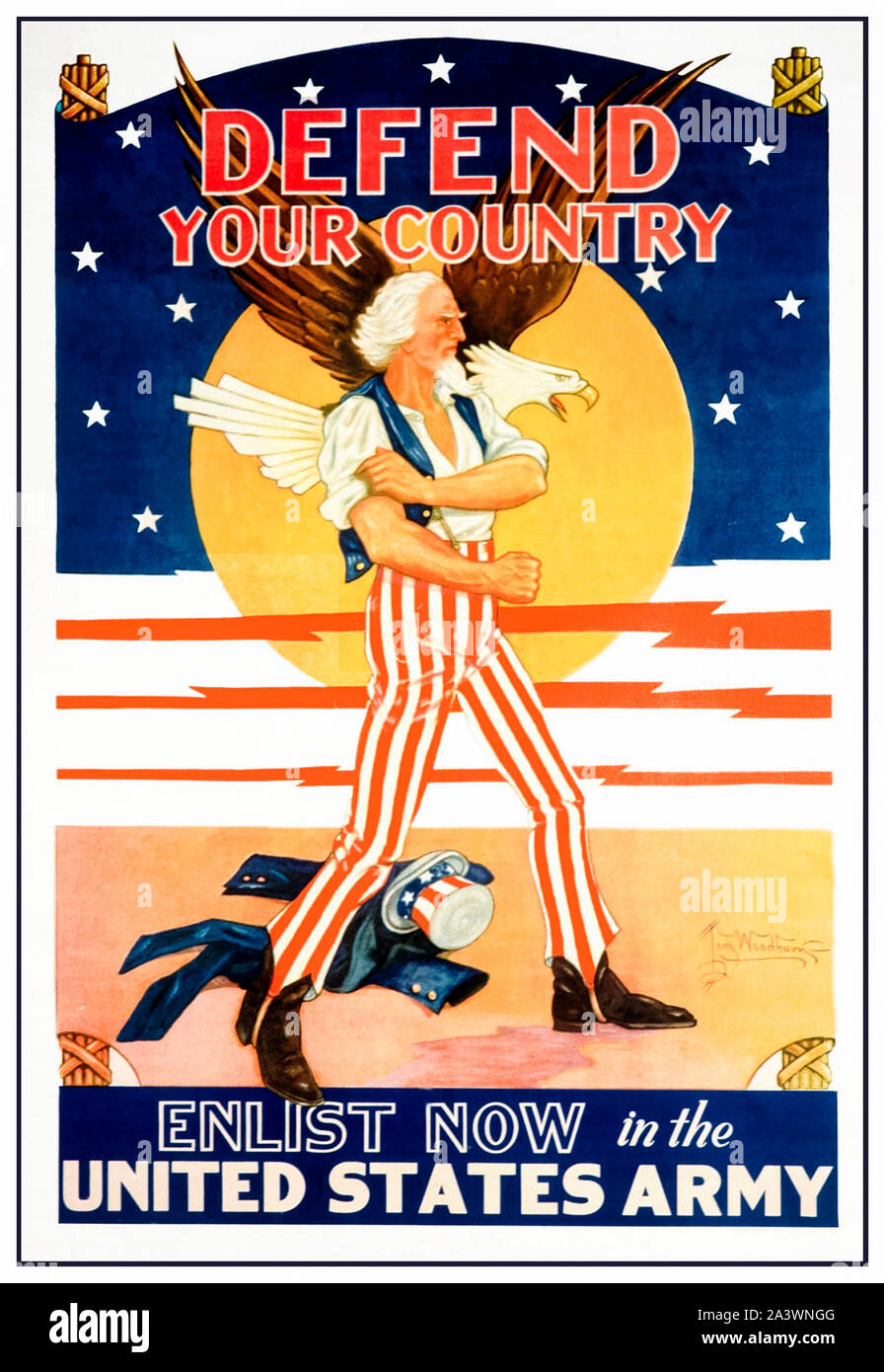 American, US, WW2, assunzione di poster, difendere il vostro paese, ora arruolarsi nell'esercito degli Stati Uniti, (lo zio Sam arrotolare le maniche), 1941-1945 Foto Stock