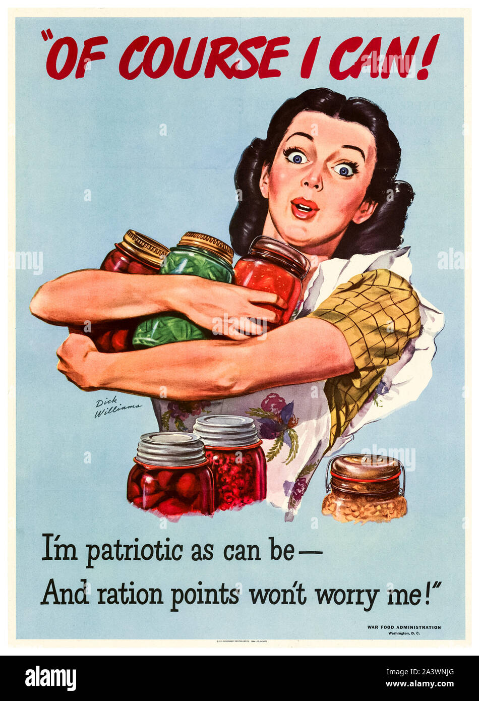 Americano, USA, seconda guerra mondiale, poster di risparmio di cibo, naturalmente posso!, (casalinga con vasetti Kilner di cibo conservato), 1941-1945 Foto Stock