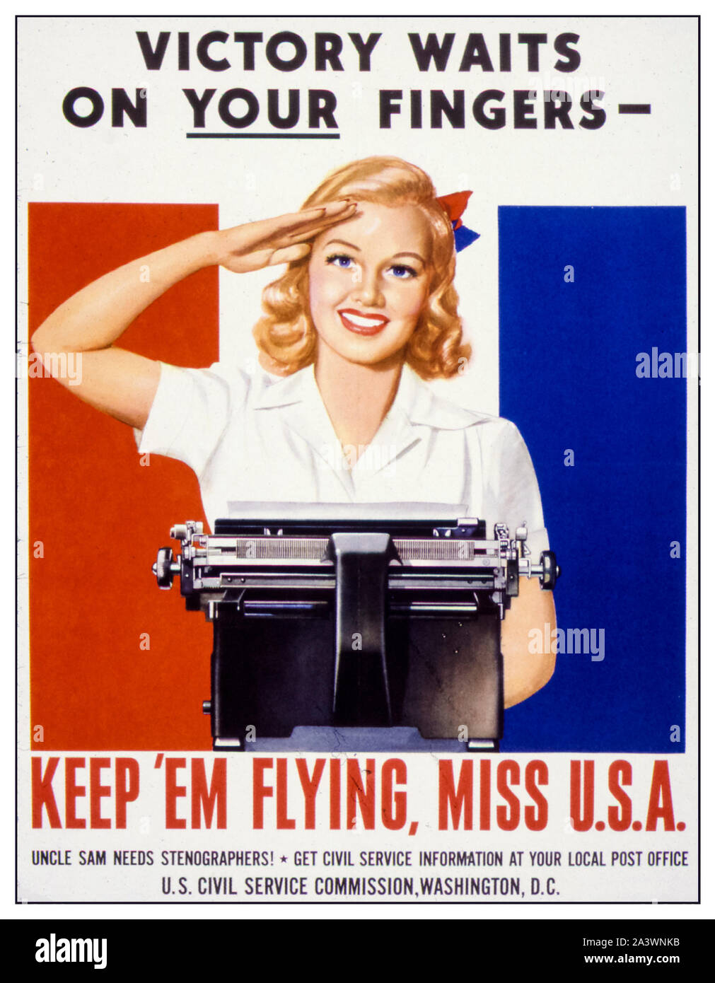 American, US, WW2, Female segretario reclutamento poster, Vittoria attende sulle vostre dita, Keep 'em Flying Miss USA, (donna dietro macchina da scrivere), 1941-1945 Foto Stock