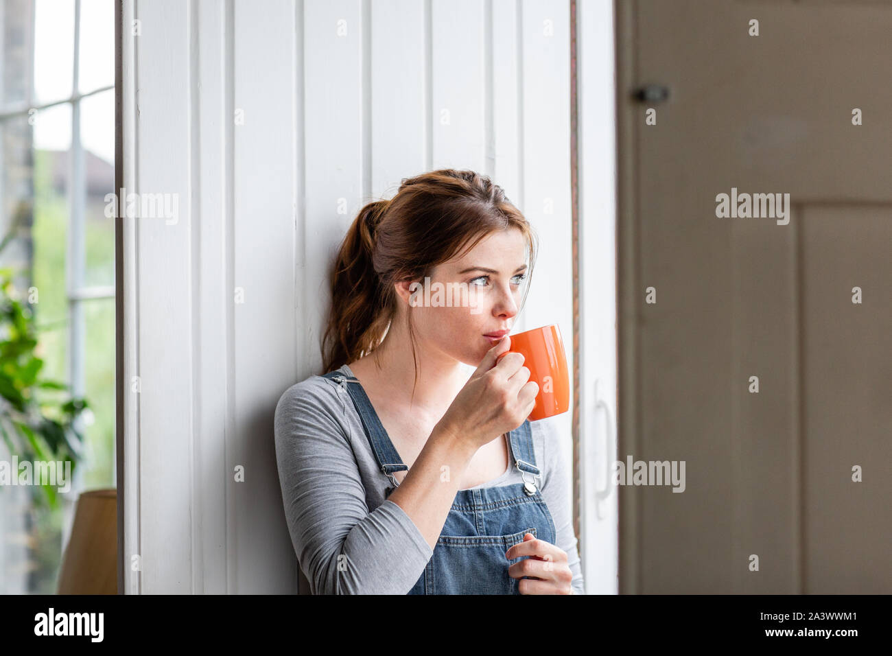 Giovane femmina adulta guardando fuori della finestra nella nuova casa Foto Stock