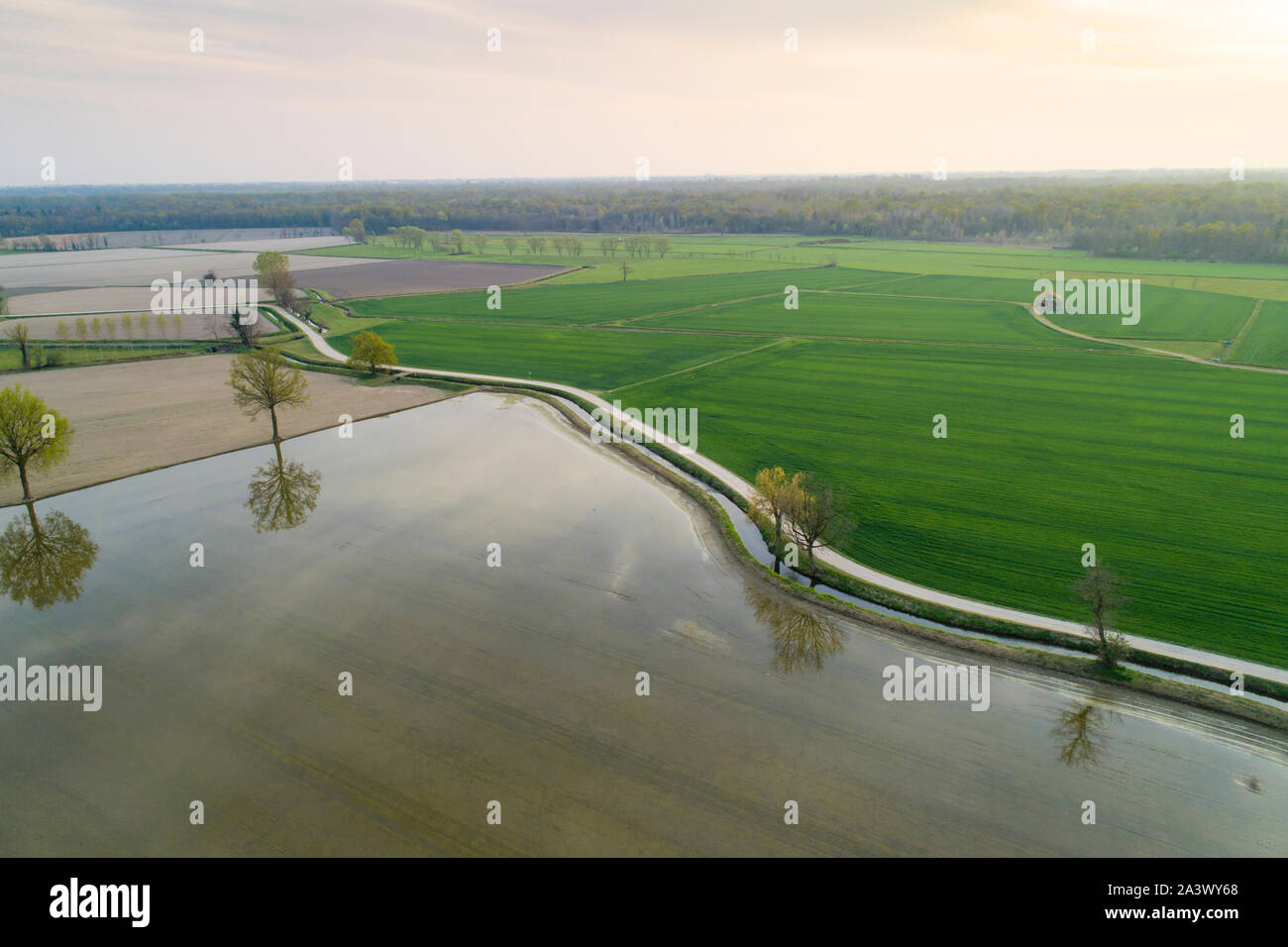 Campi allagati per la coltivazione del riso nella Pianura Padana, Italia. Panoramica vista aerea. Tipico paesaggio di campagna del Nord Italia con strade sterrate, f Foto Stock