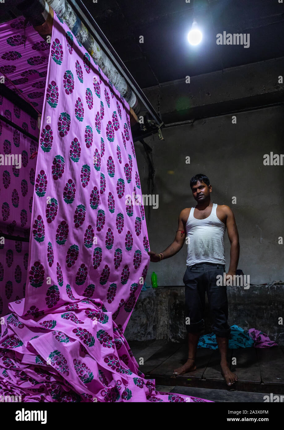 Indian lavoratore in una fabbrica di saree, Rajasthan, Sanganer, India Foto Stock