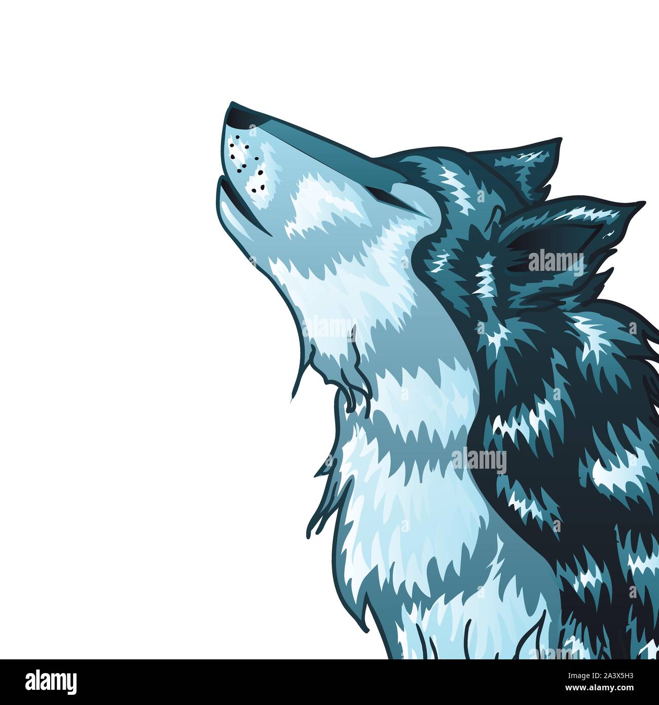 Cartoon stilizzato grigio testa di lupo, urlando Wolf. Illustrazione Vettoriale