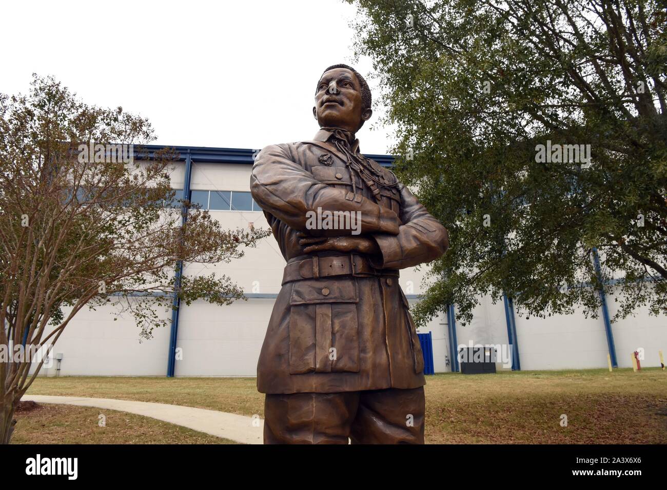 Warner Robins, Stati Uniti. 09 ottobre, 2019. Statua del 2° Lt. Eugene Jacques Bullard, il primo americano africano pilota di caccia, è svelato nel corso di una cerimonia presso il Museo dell'aviazione su Warner Robins Air Force Base Ottobre 9, 2019 in Warner Robins, Georgia. La statua fu donata alla United States Air Force dalla Georgia I Guerra Mondiale Centennial Commissione. Credito: Tommie Horton/Planetpix/Alamy Live News Foto Stock