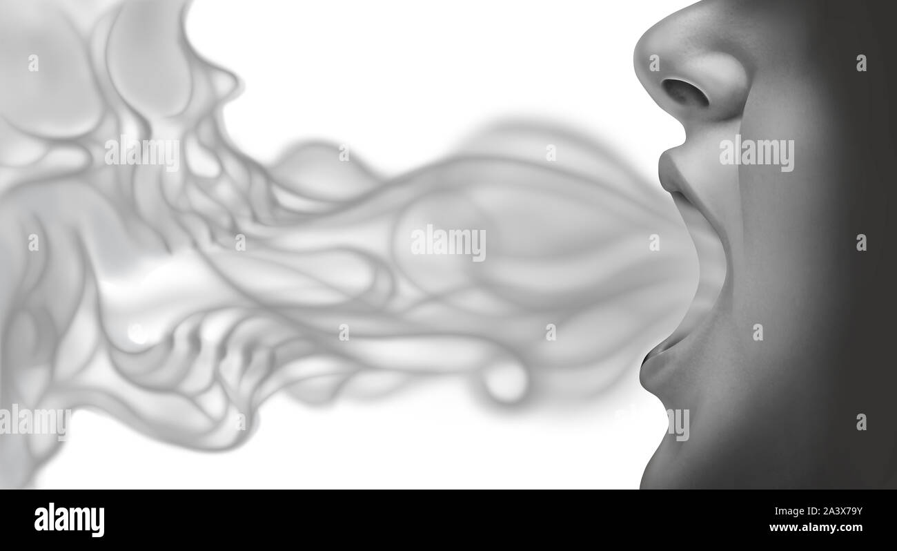 Vaping malattia correlati vaper e rischio per la salute come una persona di esalazione di fumi vapore o vapore sagomata come un teschio di morte da una centralina elettronica di vape sigaretta. Foto Stock