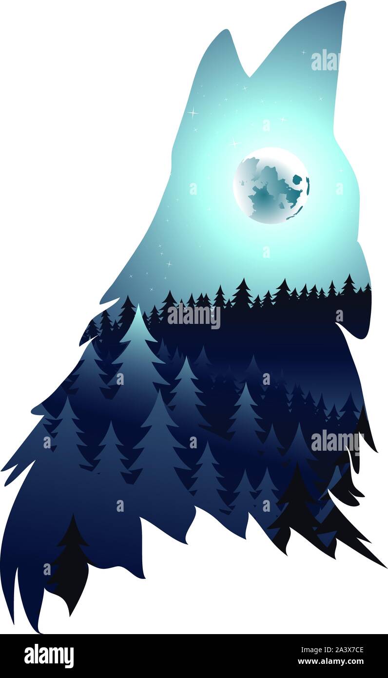 Silhouette della Wolf urlando a destra con la foresta di notte. Illustrazione Vettoriale