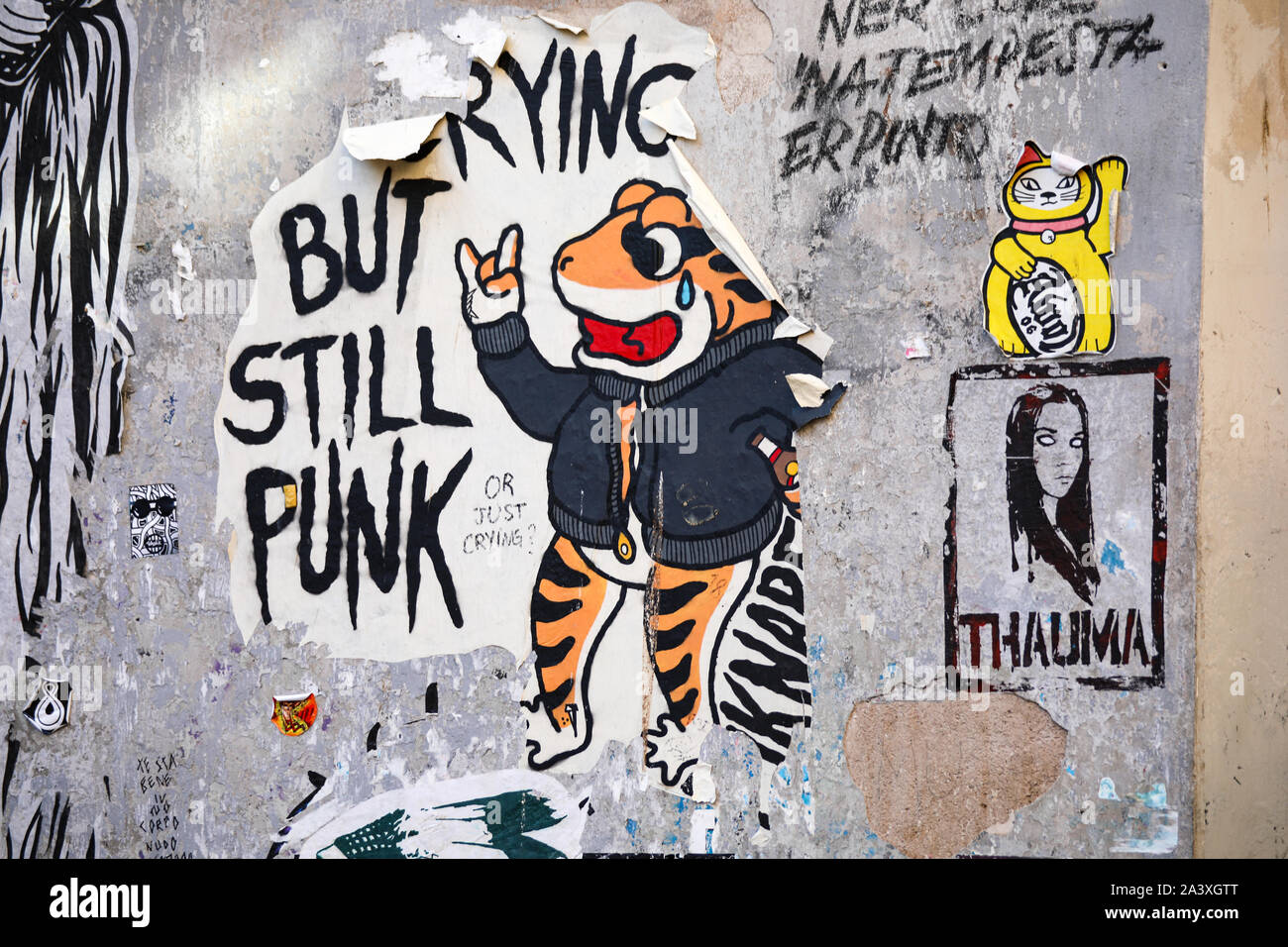 Il pianto ma ancora punk - strappata street art poster Eiknarf nel quartiere di Trastevere a Roma, Italia Foto Stock