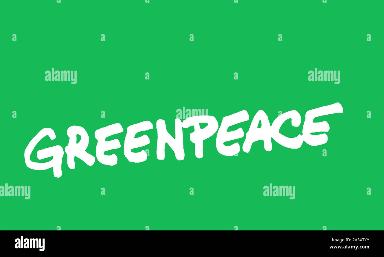 Greenpeace logotipo, bianco su verde Foto Stock