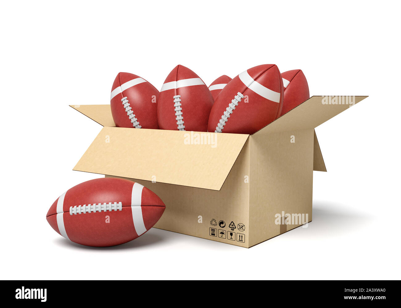 3D rendering di sfere per il football americano all'interno nella scatola di cartone. Foto Stock
