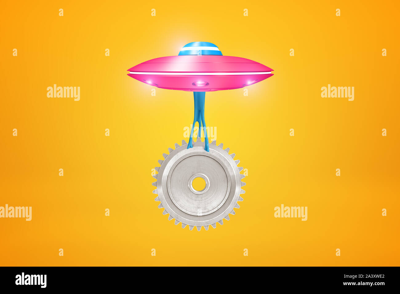3D rendering di rosa metallico portante UFO SILVER grande ruota dentata su sfondo giallo Foto Stock
