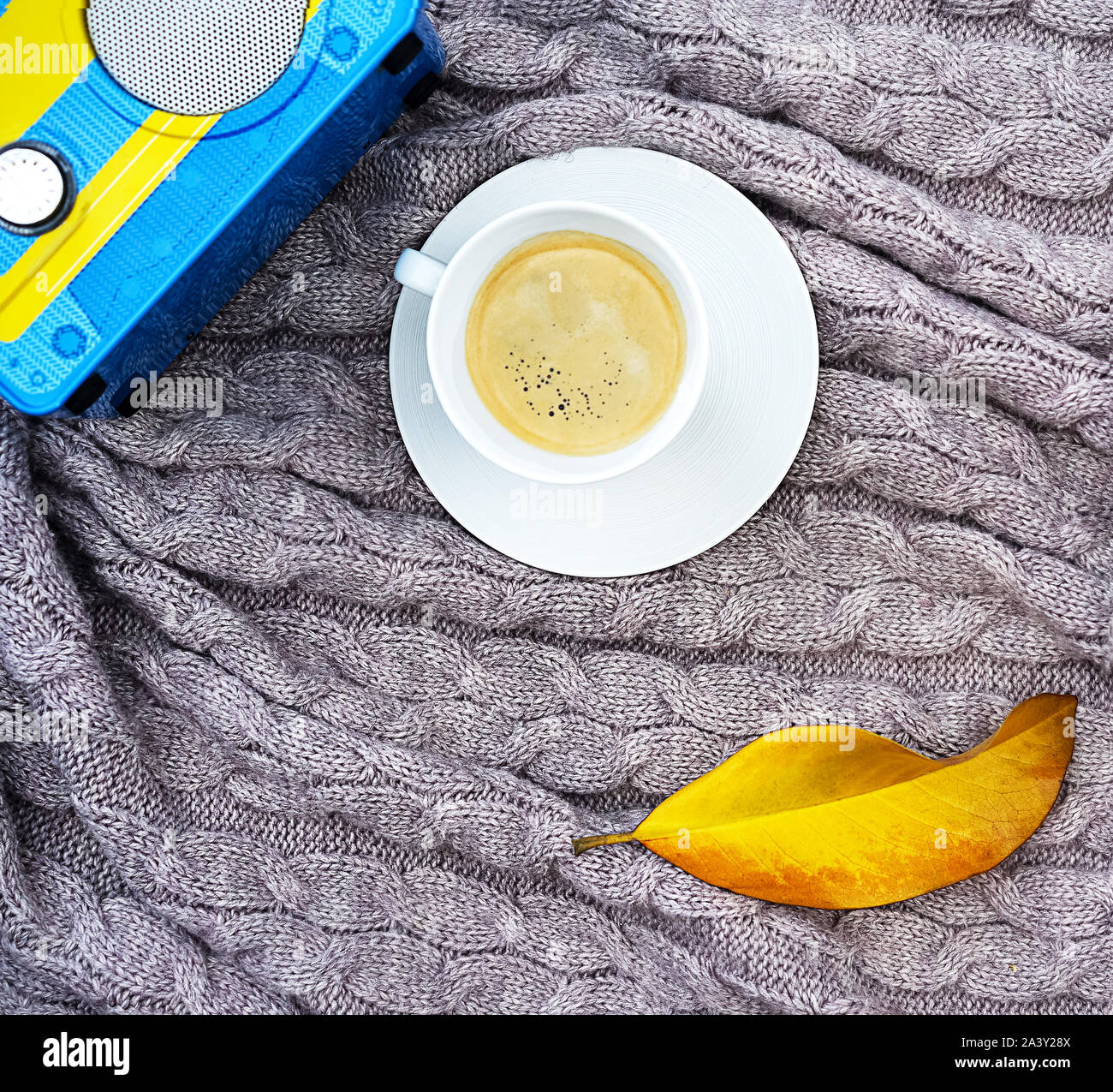 White tazza di caffè e caduti yellow leaf con uno stile rétro ricevitore radio su caldo grigio di lana plaid. Tessile lavorato a maglia con motivo a treccia. Autunno Inverno Foto Stock