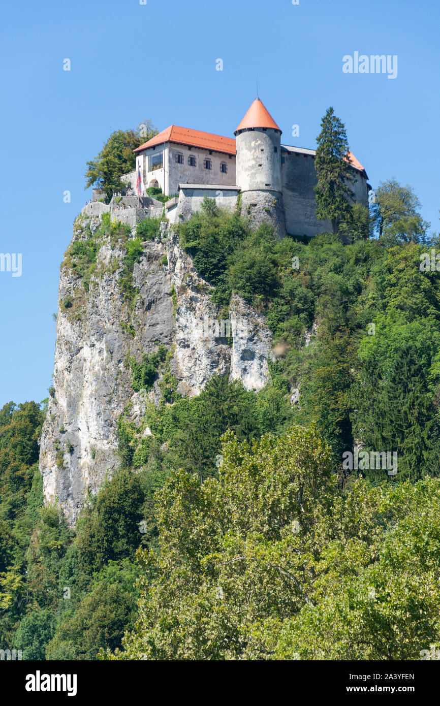 Vista di Riva e il castello di Bled, lago di Bled Bled, Alta Carniola Regione, Slovenia Foto Stock