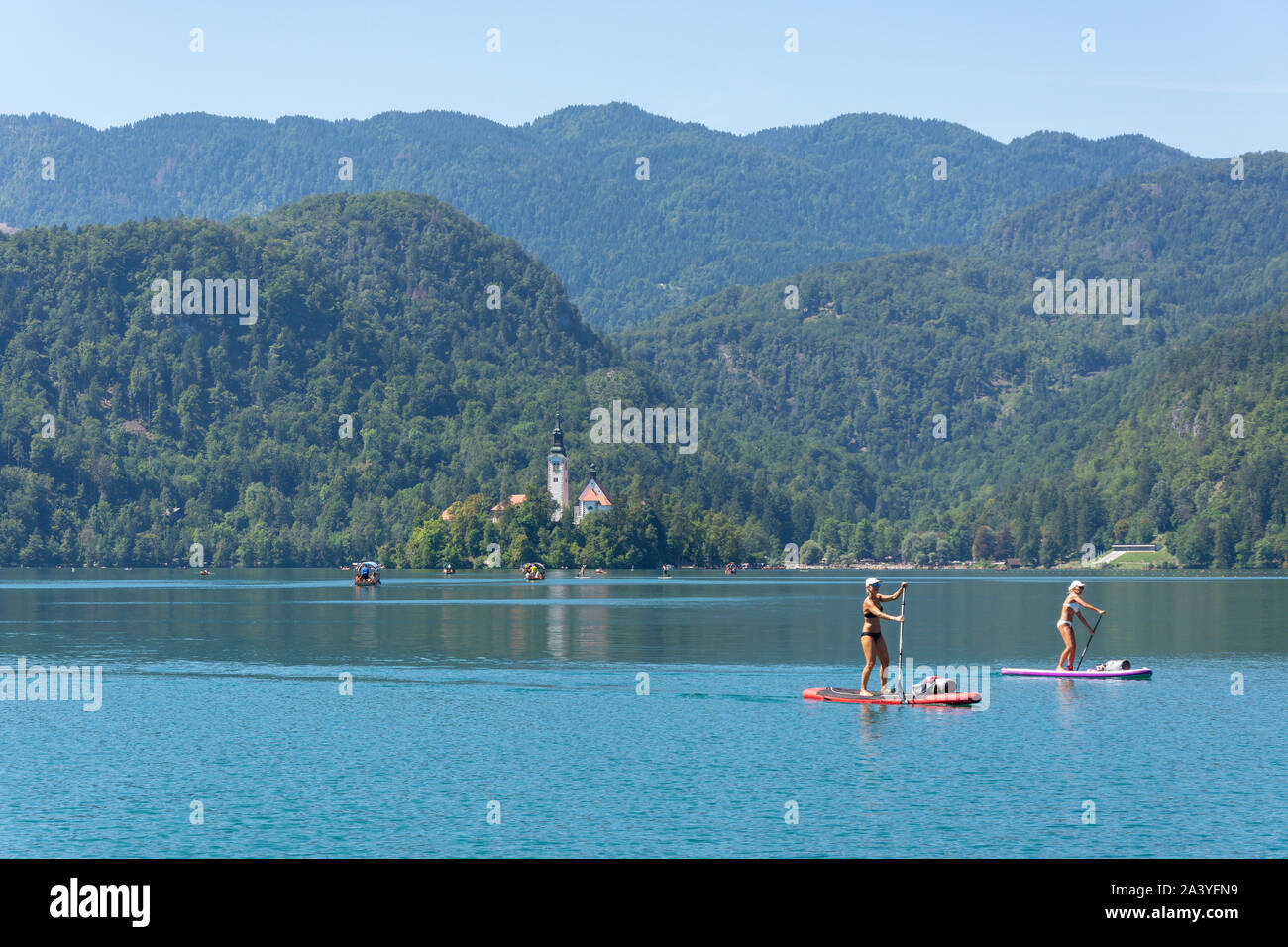 Vista dell'isola di Bled e donne paddleboarding, lago di Bled Bled, Alta Carniola Regione, Slovenia Foto Stock