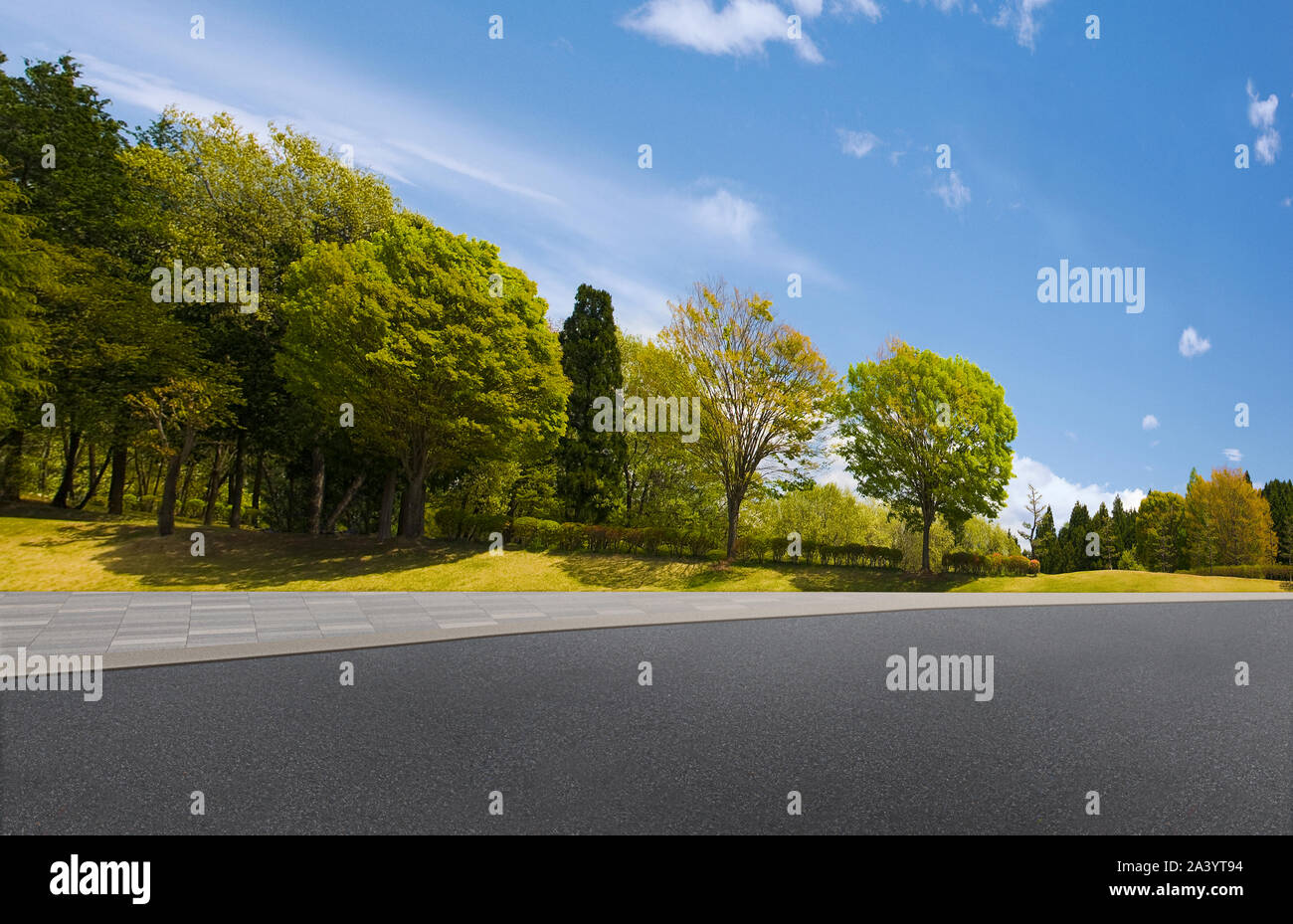 Aprire strada strada con nessun popolo e foreste boscose con fogliame verde e blu cielo Foto Stock