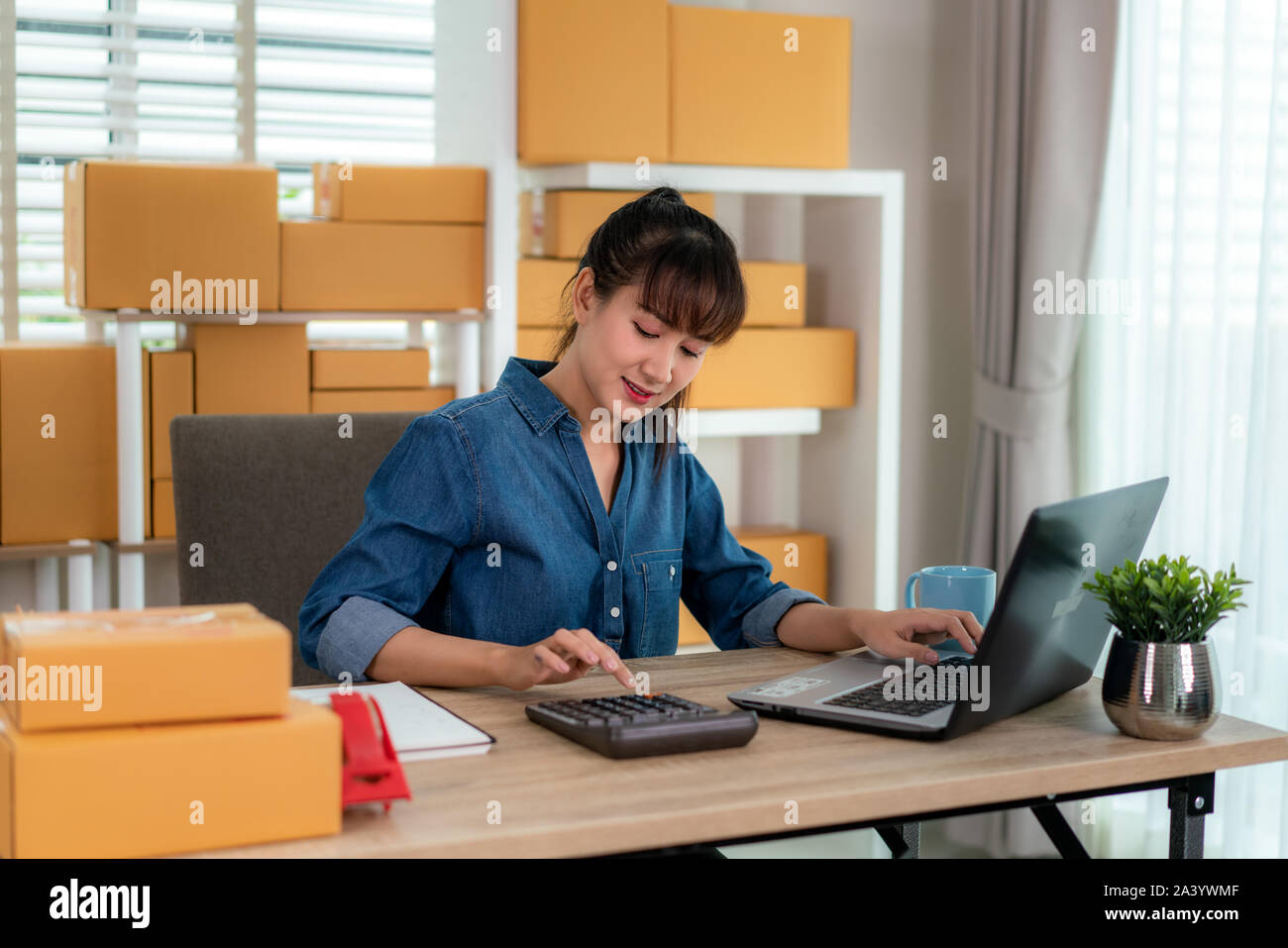 Affascinante bella asiatica adolescente proprietario business donna il lavoro a casa per lo shopping online, calcolare il prezzo delle merci con il computer portatile con apparecchiature per ufficio, e Foto Stock