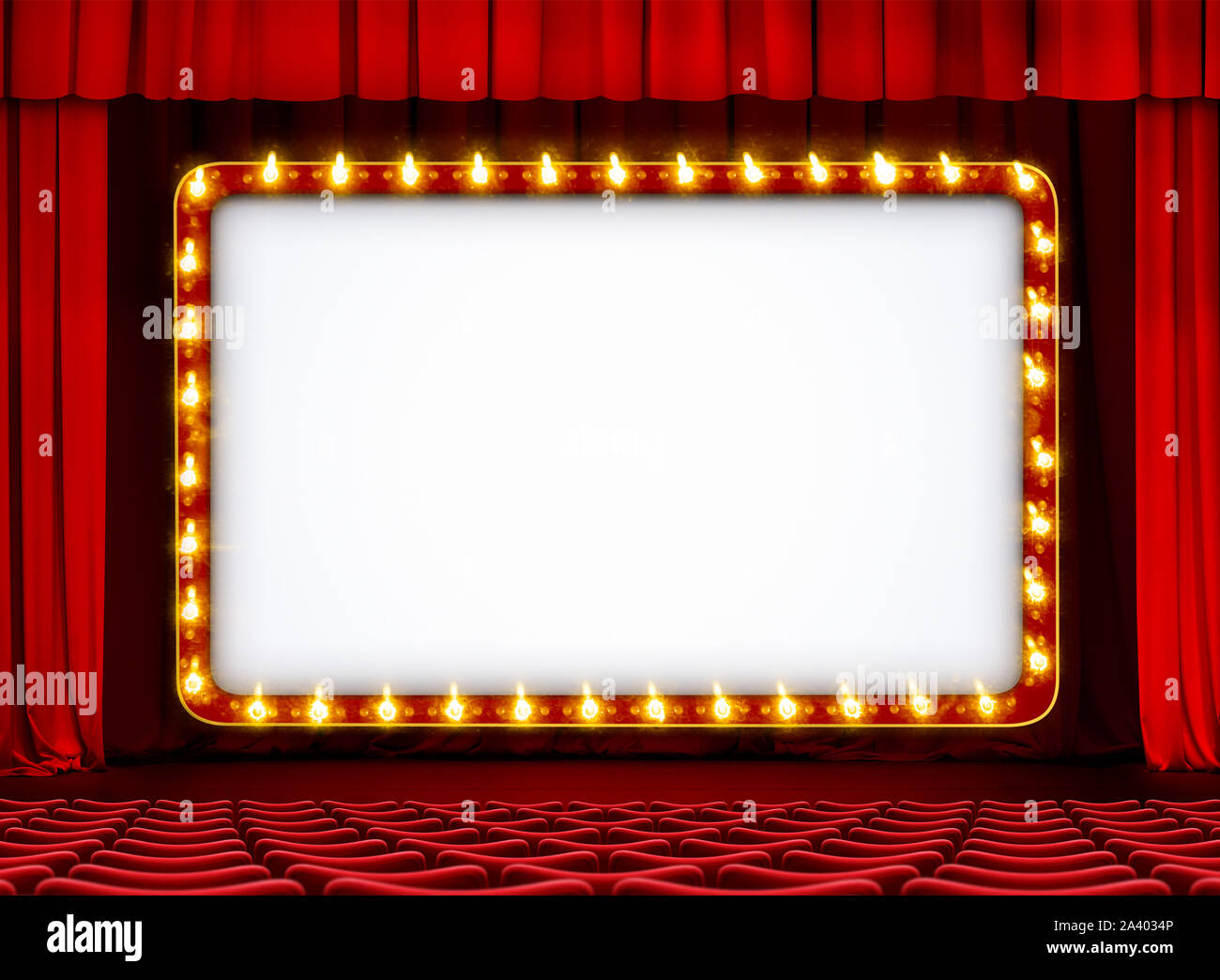 Teatro di film o segno rosso sul palco con sfondo a tendina Foto Stock