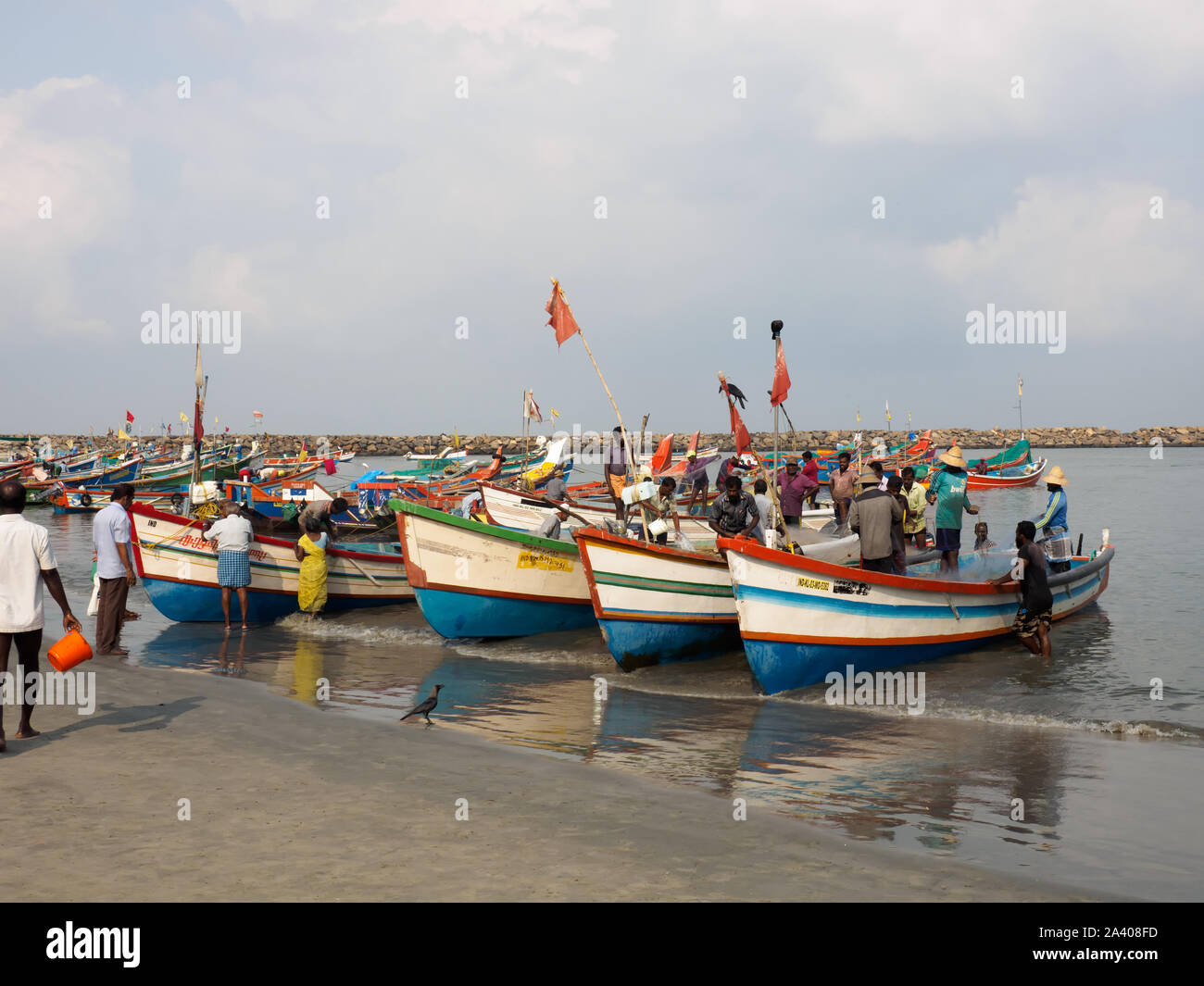 India, Kochin - Aprile 06, 2019: i pescatori e barche da pesca. Scarico di cattura Foto Stock