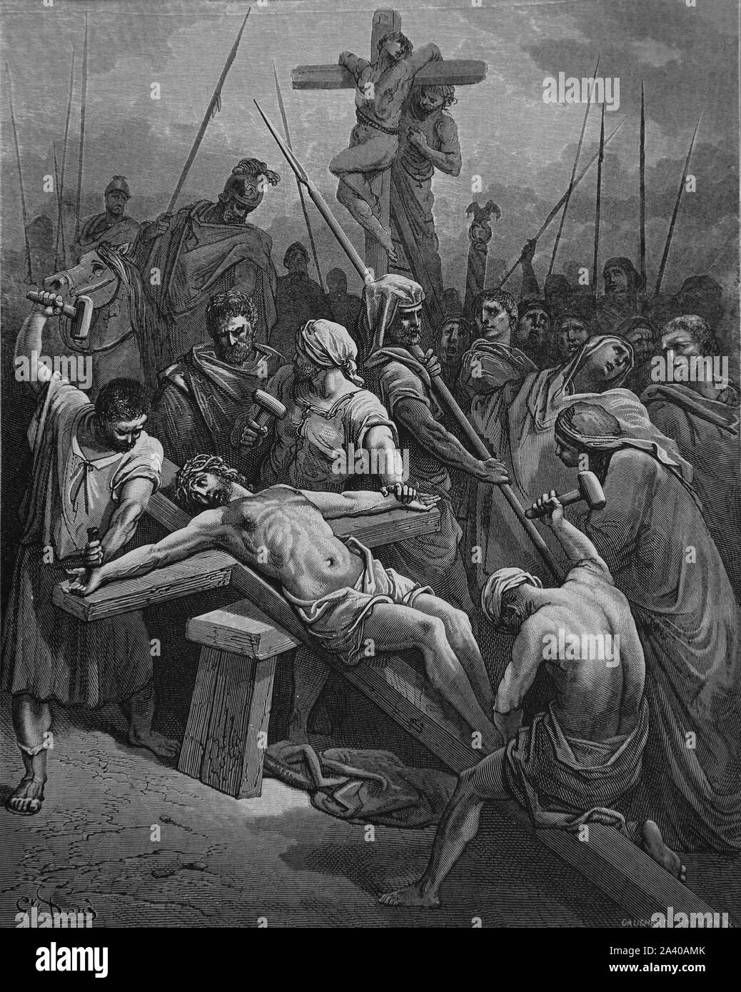 La passione. Chiodatura di Cristo sulla Croce. (Giovanni 19:18). Incisione. La Bibbia Illustrazione da Gustave Dore. Xix secolo. Foto Stock