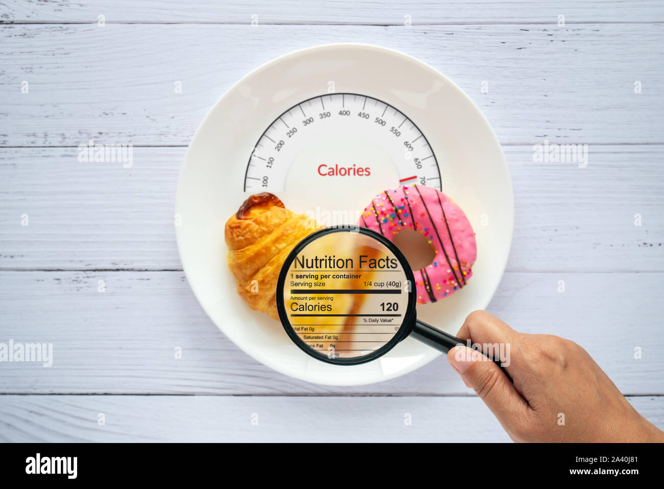 Il conteggio delle calorie, controllo degli alimenti e nutrizione dei consumatori fatti concetto etichetta. donut e croissant sulla piastra bianca con linguetta scale per calorie meas Foto Stock