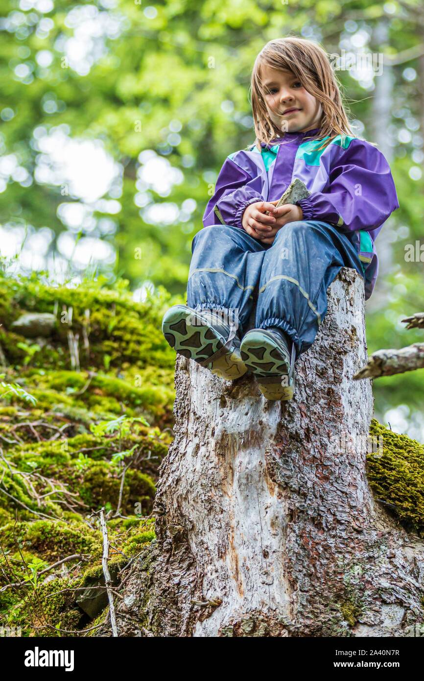Poco ragazza seduta su di un ceppo di albero nella foresta, Safiental, Grigioni, Svizzera Foto Stock