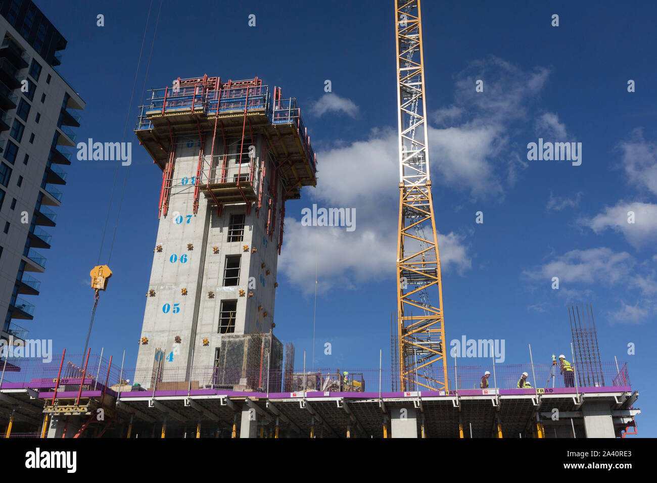 Lavoratori edili al di sotto di una gru di sollevamento e sollevare l'albero, effettuare il rilevamento di un nuovo complesso immobiliare, il 2 ottobre 2019, in Sutton, Londra, Inghilterra. Foto Stock