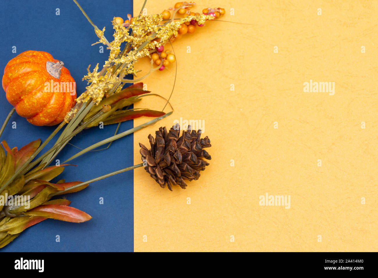 Calda e Fredda stagionale autunno blu e giallo con flatlay pumkins festosa, pigne, e piante di raccolto per aprire il concetto di copia e la disponibilità di spazio. Foto Stock