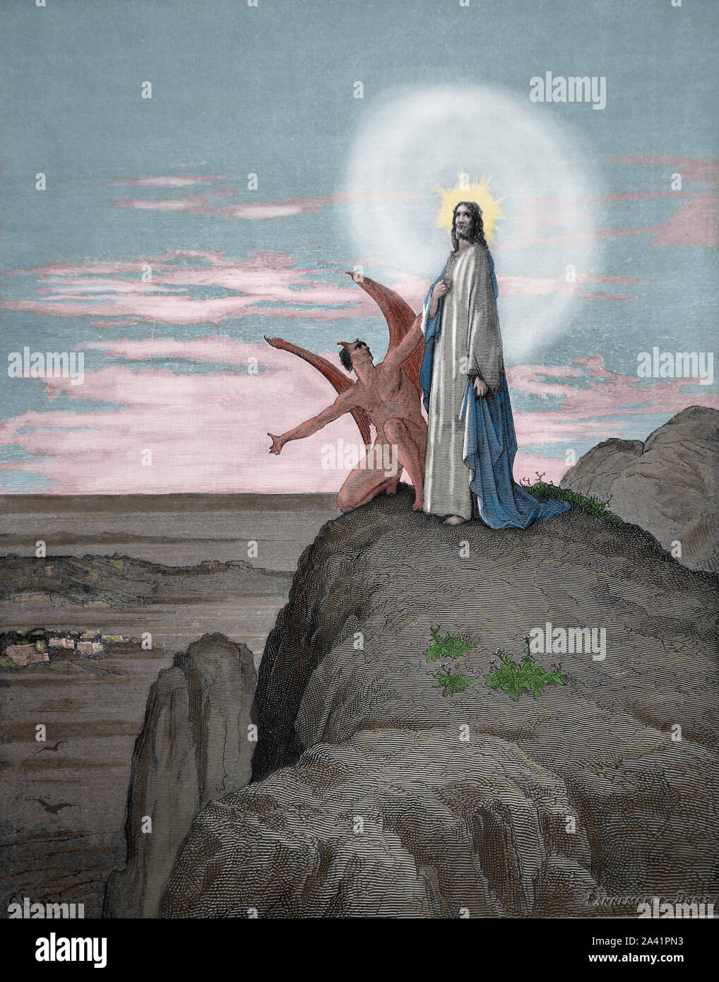 La tentazione di Cristo. Montagna. Incisione. La Bibbia Illustrazione da Gustave Dore. Xix secolo. Foto Stock