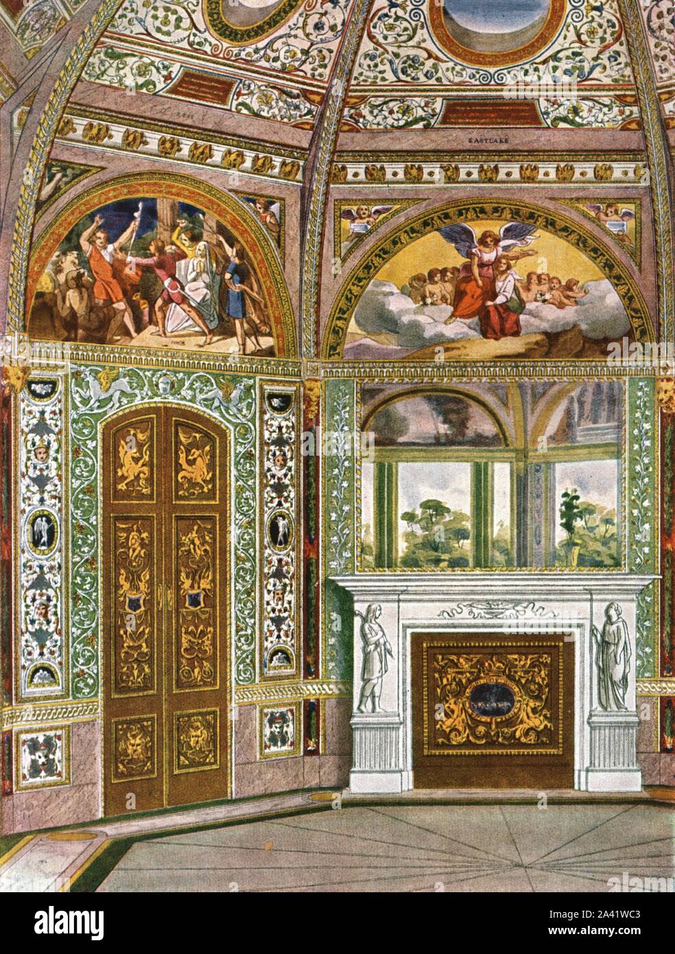 Decorazione nell'Ottagono (padiglione del giardino) in Buckingham Palace di  Londra (1928). "Circa 1845...tutto il design è di Ludwig Gruner, il dipinto  fu eseguito da artisti inglesi. L'immagine a sinistra, oltre la porta